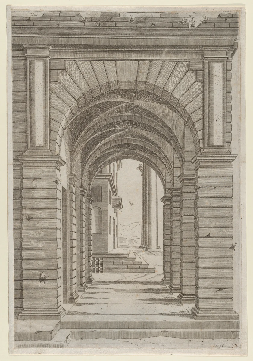 Front of a Building seen sideways through an arcade of four arches on its left front, from "Speculum Romanae Magnificentiae" by anonymous, print, 1530-1580