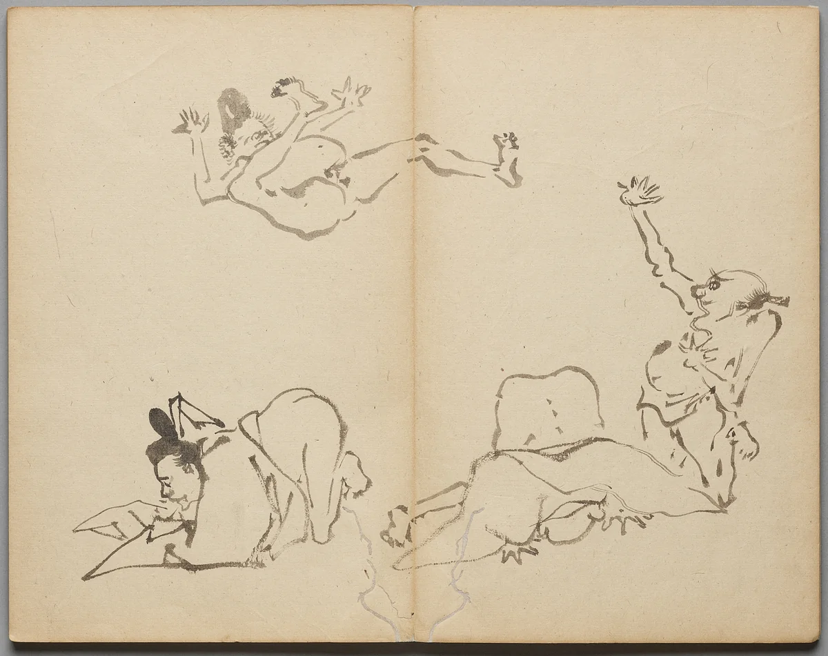 Courtiers' Farting Contest from Sketch Album by Kawanabe Kyōsai (河鍋暁斎), book, 1855-1889