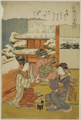 Evening Snow at Sensoji Temple (Sensoji no bosetsu), from the series "Eight Fashionable View of Edo (Furyu Edo hakkei)" by Isoda Koryusai, print, 1771-1786
