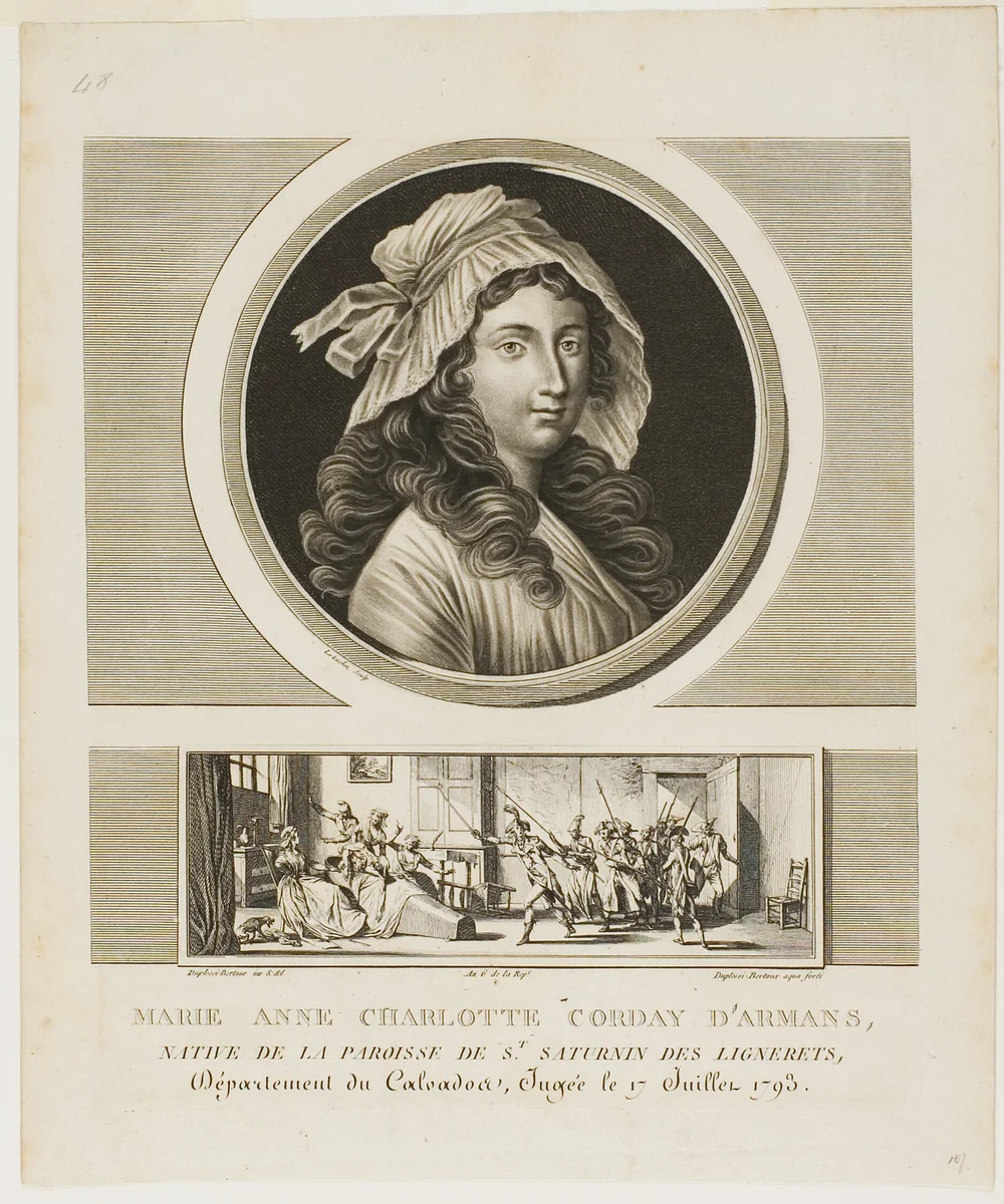Marie Anne Charlotte Corday d'Armans, from Tableaux historiques de la Révolution francaise, volume III by Jean Duplessi-Bertaux and Charles François Gabriel Levachez, print, 1793