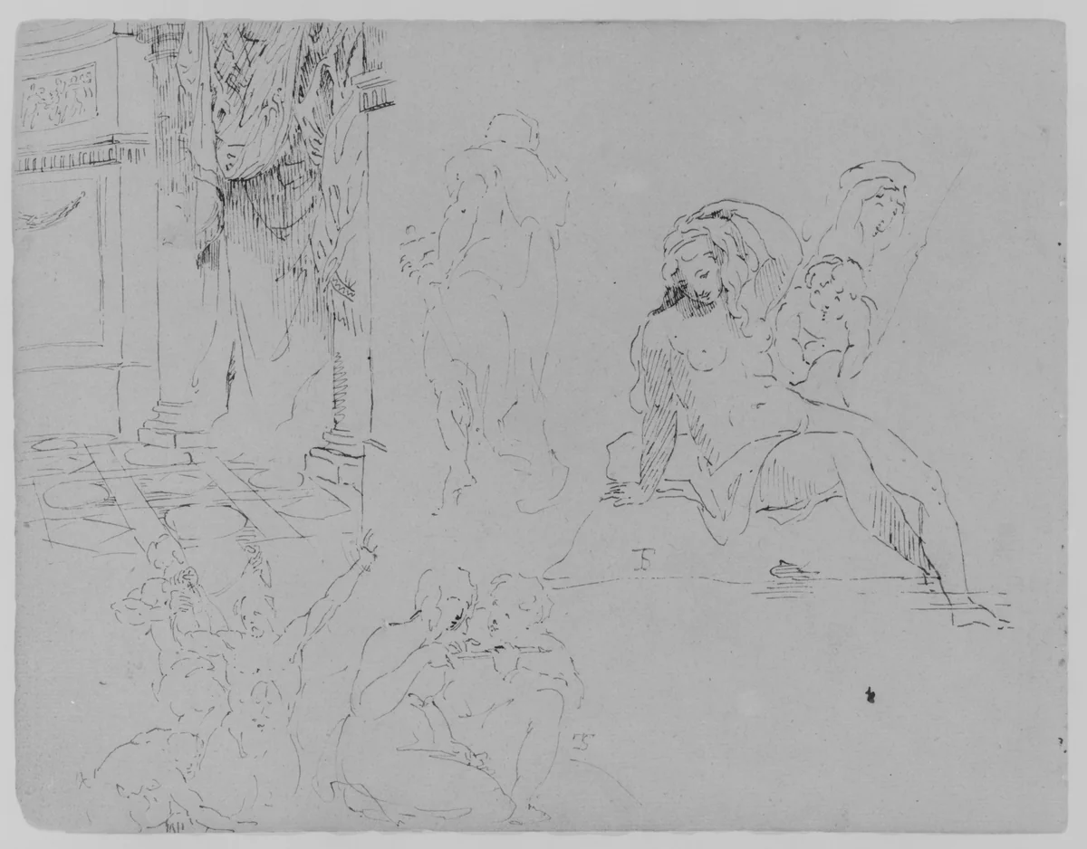 Doric Rotunda Interior with Curtains; Four Figure Studies, Including a Female Nude Bather with Putti, and a Martyrdom [of St. Bartholomew?] (from Sketchbook) by Thomas Sully, artwork, 1810-1820