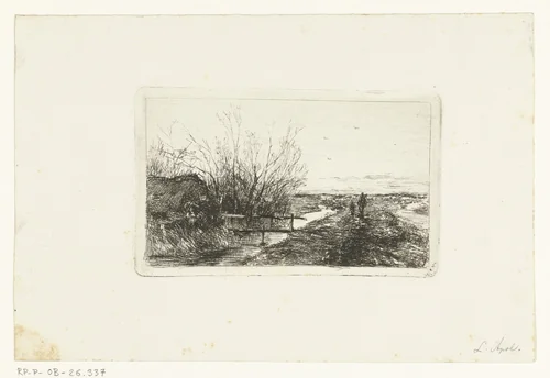 Sloot met brug en wandelaars by Louis Apol, print, 1860-1936