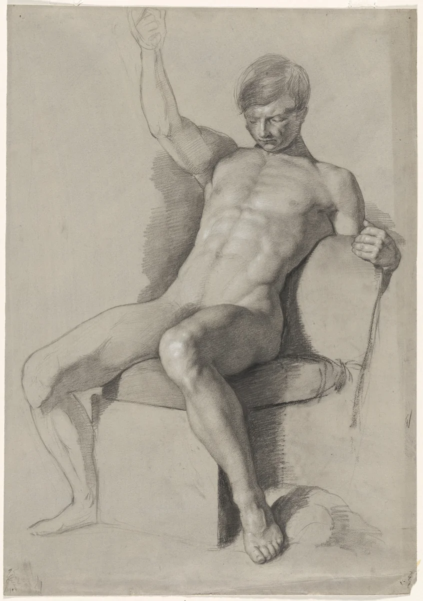 Seated Male Nude with Raised Right Hand by William Linnell, drawing, 1840-1850