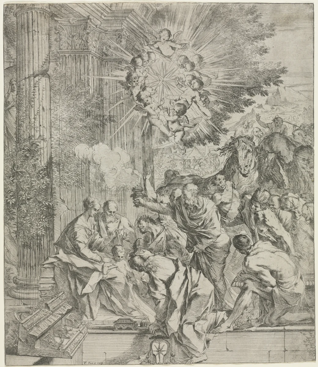 Adoration of the Magi by Pietro Testa, print, 1636-1638