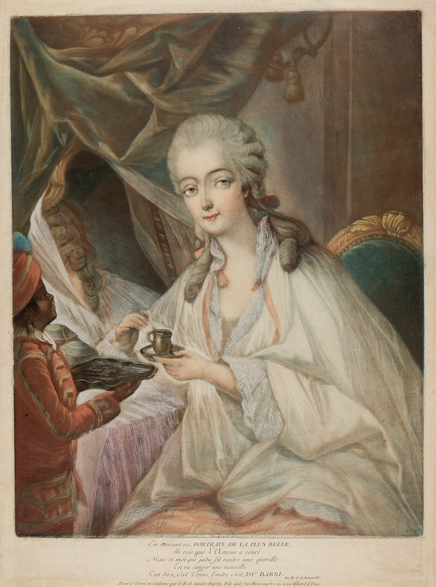 Jeanne Bécu, Comtesse Du Barry, and her servant Zamor by Jean Baptiste André Gautier d'Agoty, print, 1771