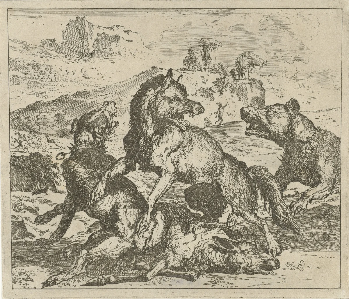 Wolf aangevallen door honden by Abraham Daniëlsz. Hondius, print, 1672