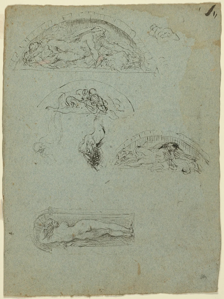 Standing Figure in a Niche and Studies for the Ugolino Group (recto); Red-Robed Prelate in a Crowd (verso) by Jean Baptiste Carpeaux, drawing, 1857-1858