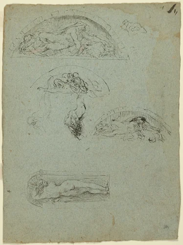 Standing Figure in a Niche and Studies for the Ugolino Group (recto); Red-Robed Prelate in a Crowd (verso) by Jean Baptiste Carpeaux, drawing, 1857-1858