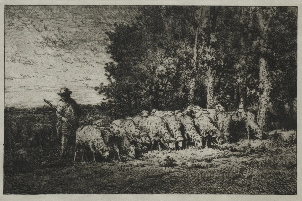 A Herd at the Edge of a Forest by Charles-Émile Jacque, print, 1880
