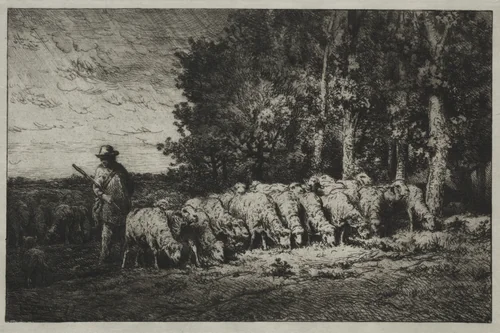 A Herd at the Edge of a Forest by Charles-Émile Jacque, print, 1880