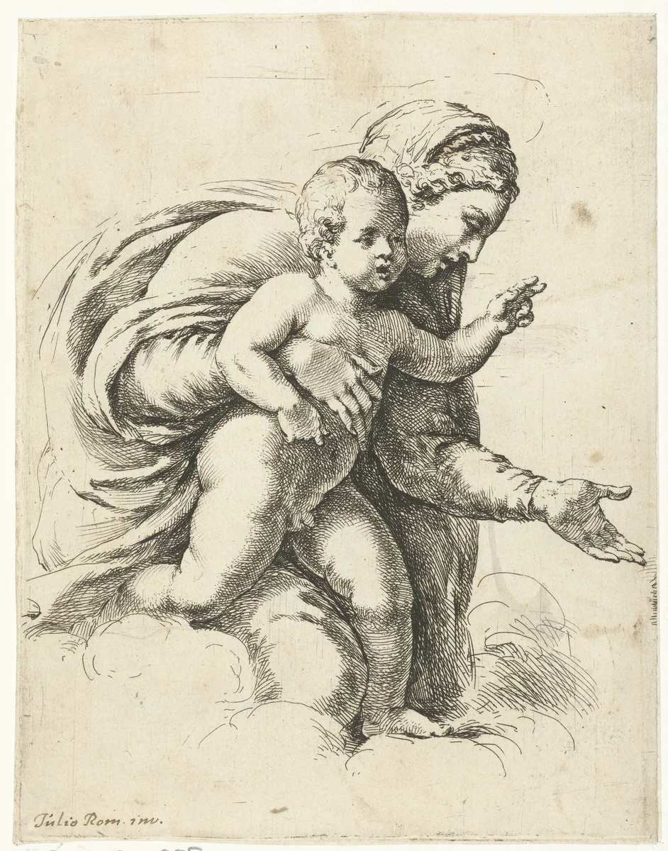 Maria met kind in de wolken by Jan de Bisschop, print, 1668-1671