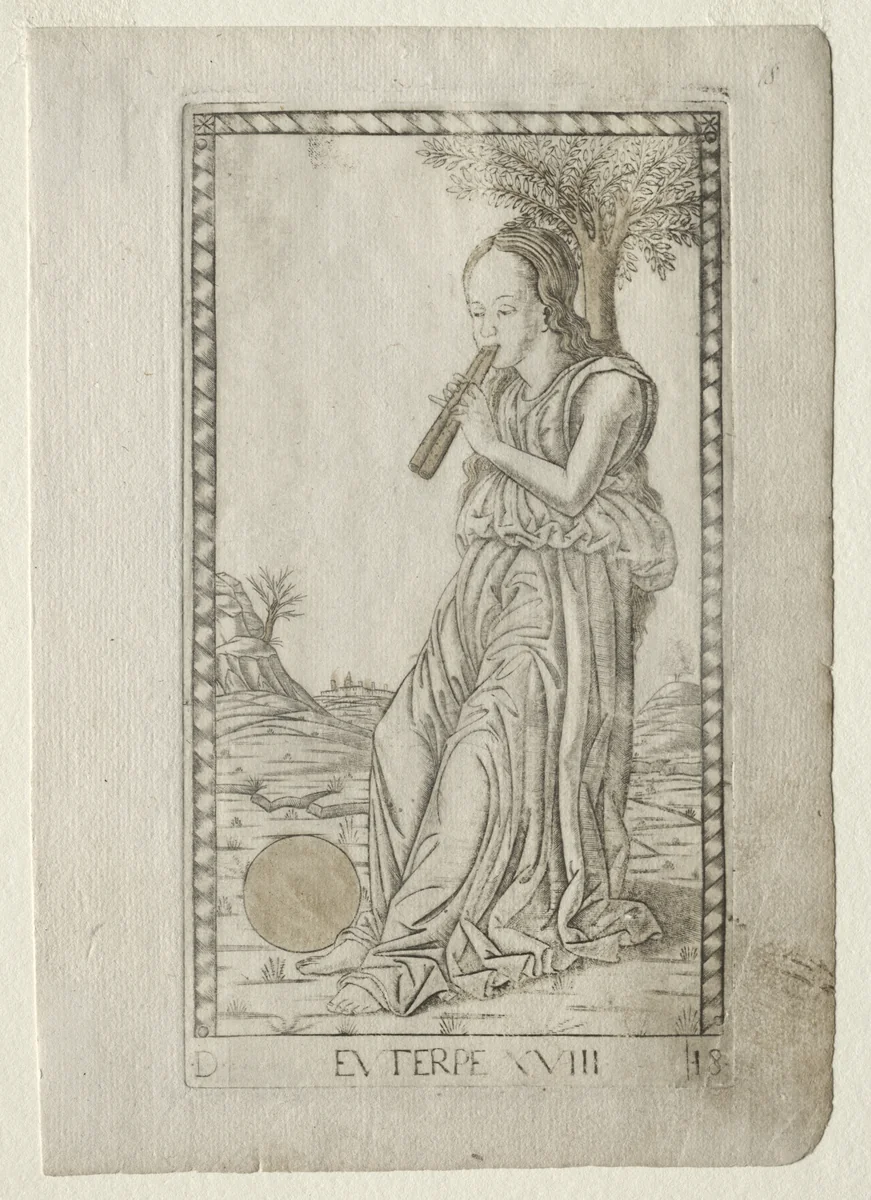 Euterpe (music, lyric poetry) (from the Tarocchi series D: Apollo and the Muses, #18) by Master of the E-Series Tarocchi, print, 1457-1467