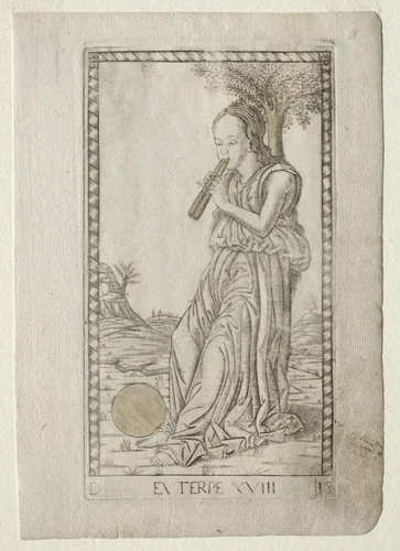 Euterpe (music, lyric poetry) (from the Tarocchi series D: Apollo and the Muses, #18) by Master of the E-Series Tarocchi, print, 1457-1467