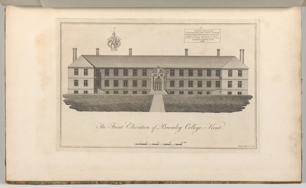 The Front Elevation of Bromley College, Kent, from Edward Hasted's, The History and Topographical Survey of the County of Kent, vols. 1-3 by John Bayly, book, 1777-1790