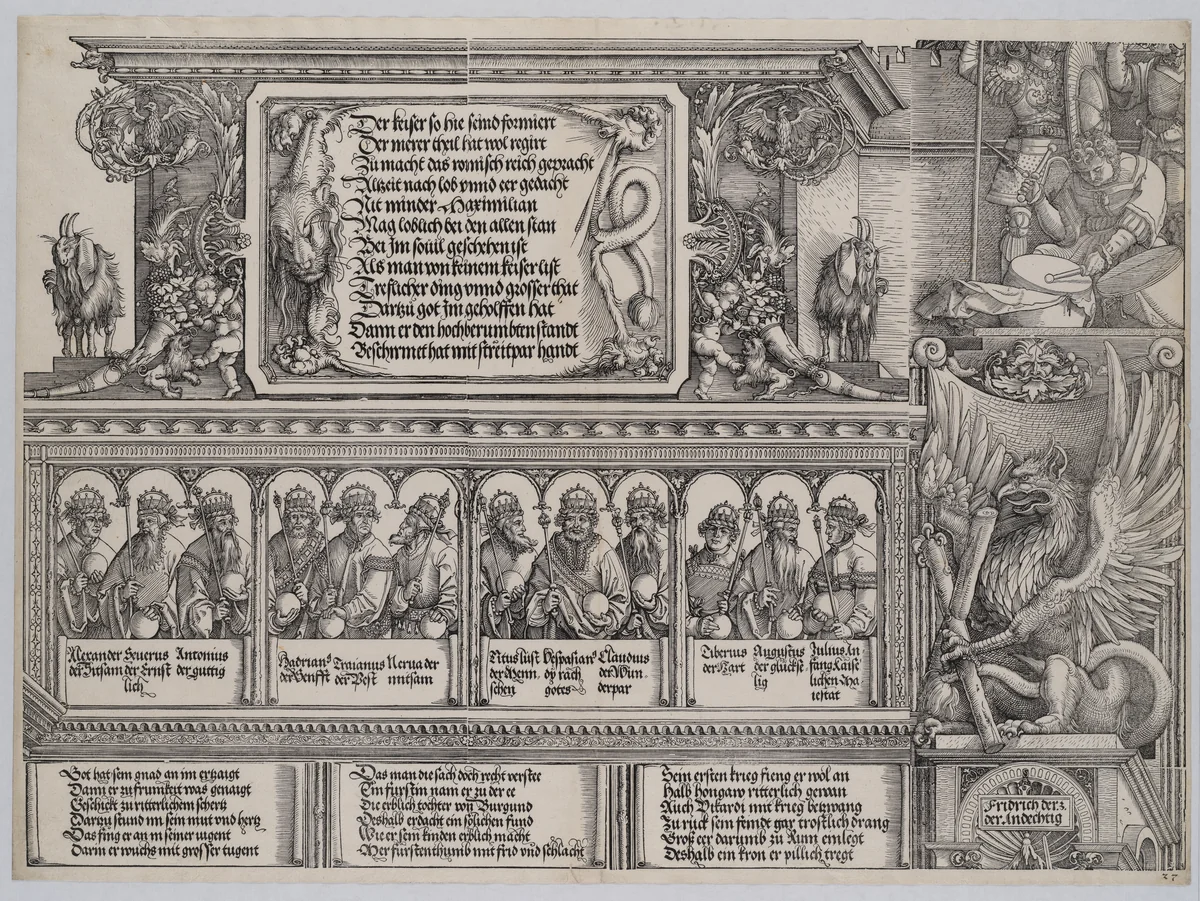 The Upper Section of the Left Portal, with the Inscription on a Lion Skin; a Frieze with Busts of Roman Emperors; and Entablature of the Columns, from the Arch of Honor, proof, dated 1515, printed 1517-18 by Hans Springinklee, print, 1515