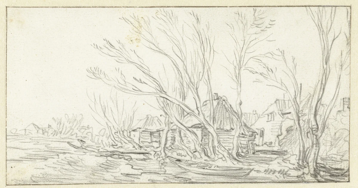 Landschap met kromme kale bomen voor boerderijen by Jan van Goyen, drawing, 1606-1656