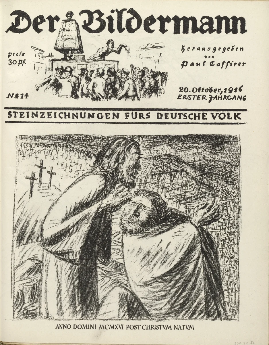 The Year of Our Lord MCMXVI after Christ's Birth (Anno Domini MCMXVI post Christum natum) (front cover, foilio 28) from the periodical Der Bildermann, vol. 1, no. 14 (Oct 1916) by Ernst Barlach, periodical, 1916