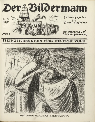 The Year of Our Lord MCMXVI after Christ's Birth (Anno Domini MCMXVI post Christum natum) (front cover, foilio 28) from the periodical Der Bildermann, vol. 1, no. 14 (Oct 1916) by Ernst Barlach, periodical, 1916