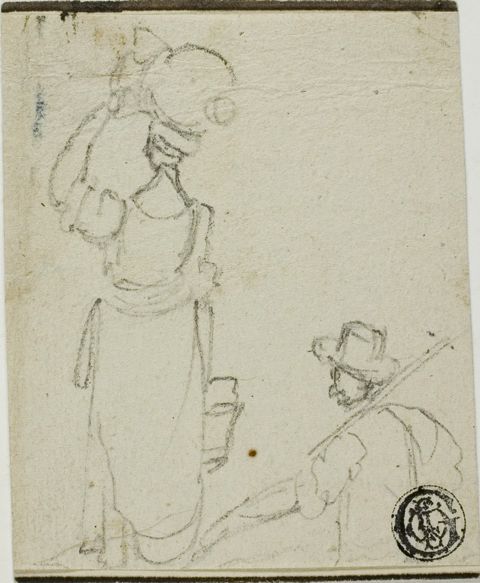 Man with Pole Following Woman with Jug on Head by Unknown Artist, drawing, 1600-1699