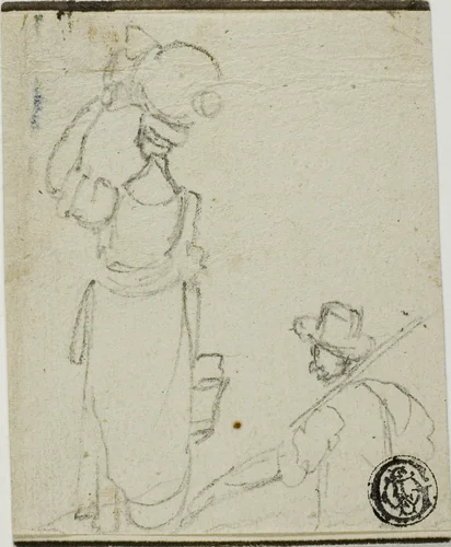 Man with Pole Following Woman with Jug on Head by Unknown Artist, drawing, 1600-1699