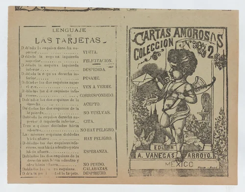 Front and back covers printed on the same sheet for a collection of love letters (number 2), Cupid holding a bow in image at the right by José Guadalupe Posada, print, 1895-1905