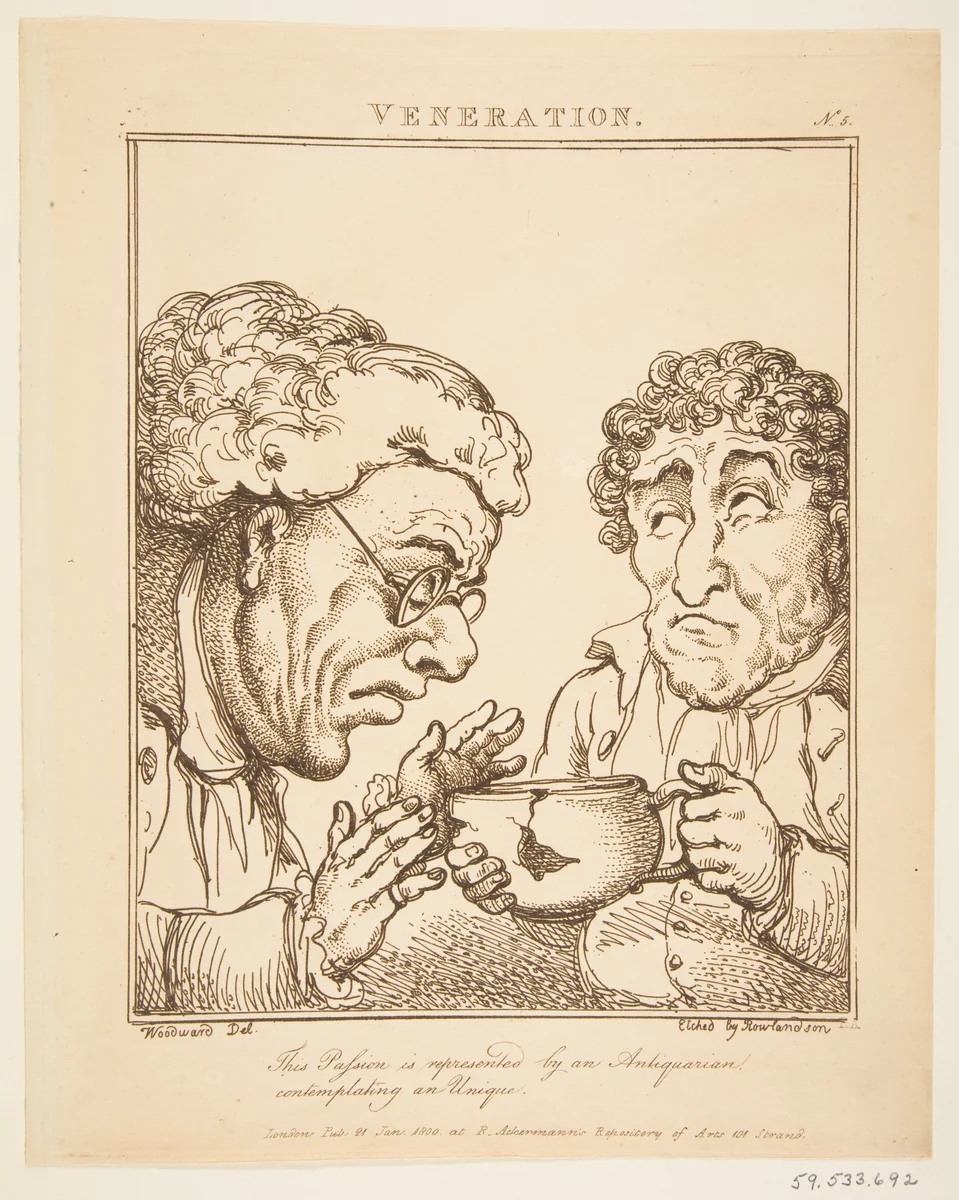 Veneration (Le Brun Travested, or Caricatures of the Passions) by Thomas Rowlandson, print, 1800