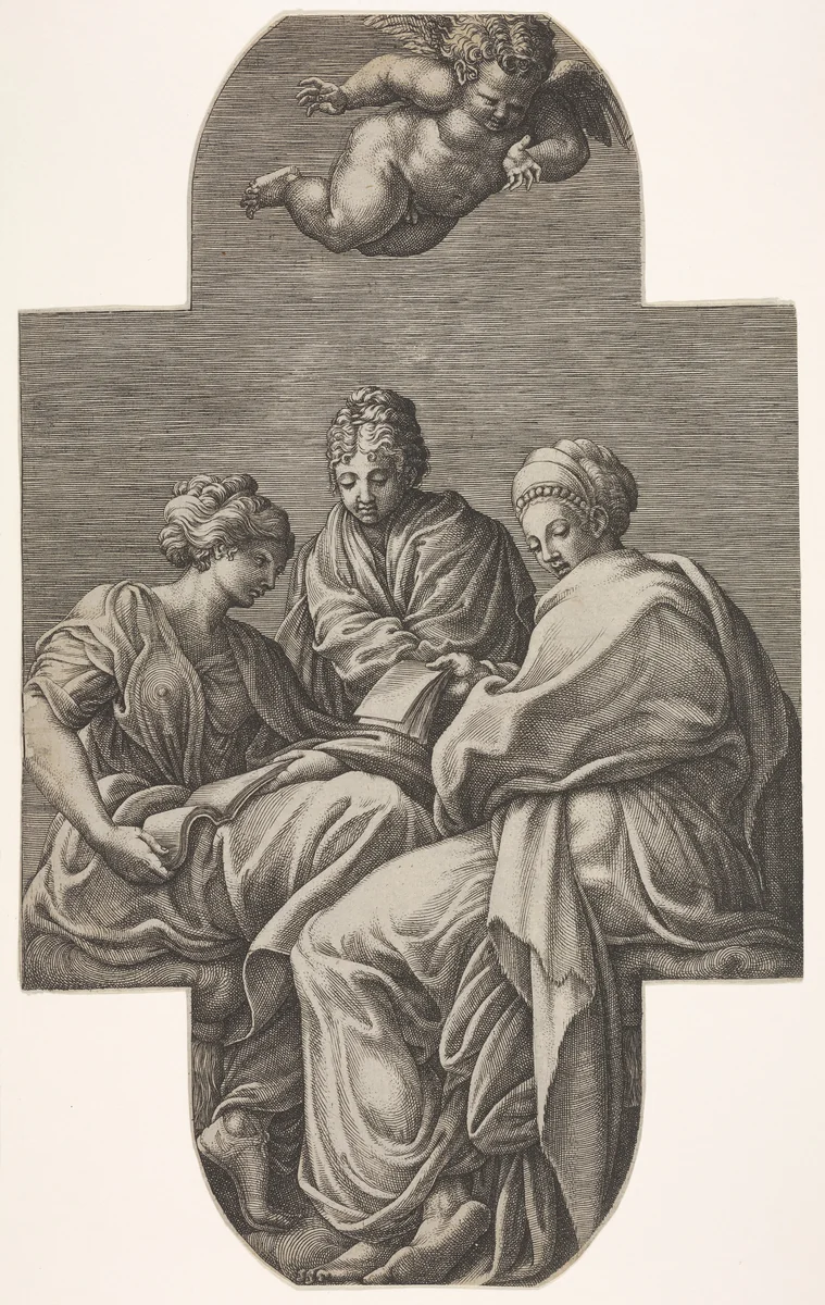 Three Muses seated underneath a flying putto who gestures downward, a cruciform composition, from a series of eight compositions after Francesco Primaticcio's designs for the ceiling of the Ulysses Gallery (destroyed 1738-39) at Fontainebleau by Giorgio Ghisi, print, 1560-1569