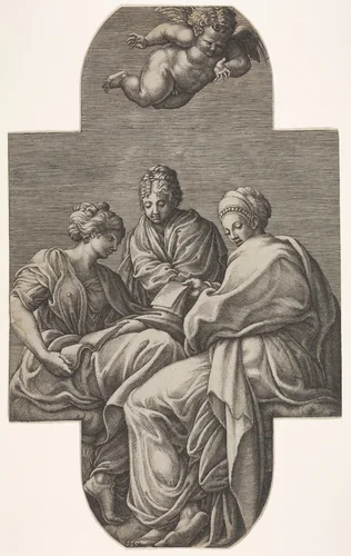 Three Muses seated underneath a flying putto who gestures downward, a cruciform composition, from a series of eight compositions after Francesco Primaticcio's designs for the ceiling of the Ulysses Gallery (destroyed 1738-39) at Fontainebleau by Giorgio Ghisi, print, 1560-1569