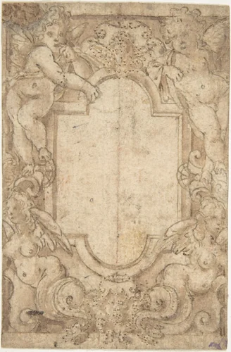 Design for a Frame with Putti and Sirens by anonymous, drawing, 1550-1600