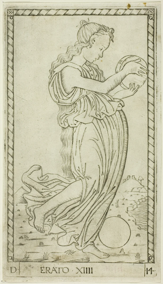 Erato, plate fourteen from Apollo and the Muses by Master of the E-Series Tarocchi, print, 1460-1470