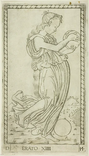 Erato, plate fourteen from Apollo and the Muses by Master of the E-Series Tarocchi, print, 1460-1470