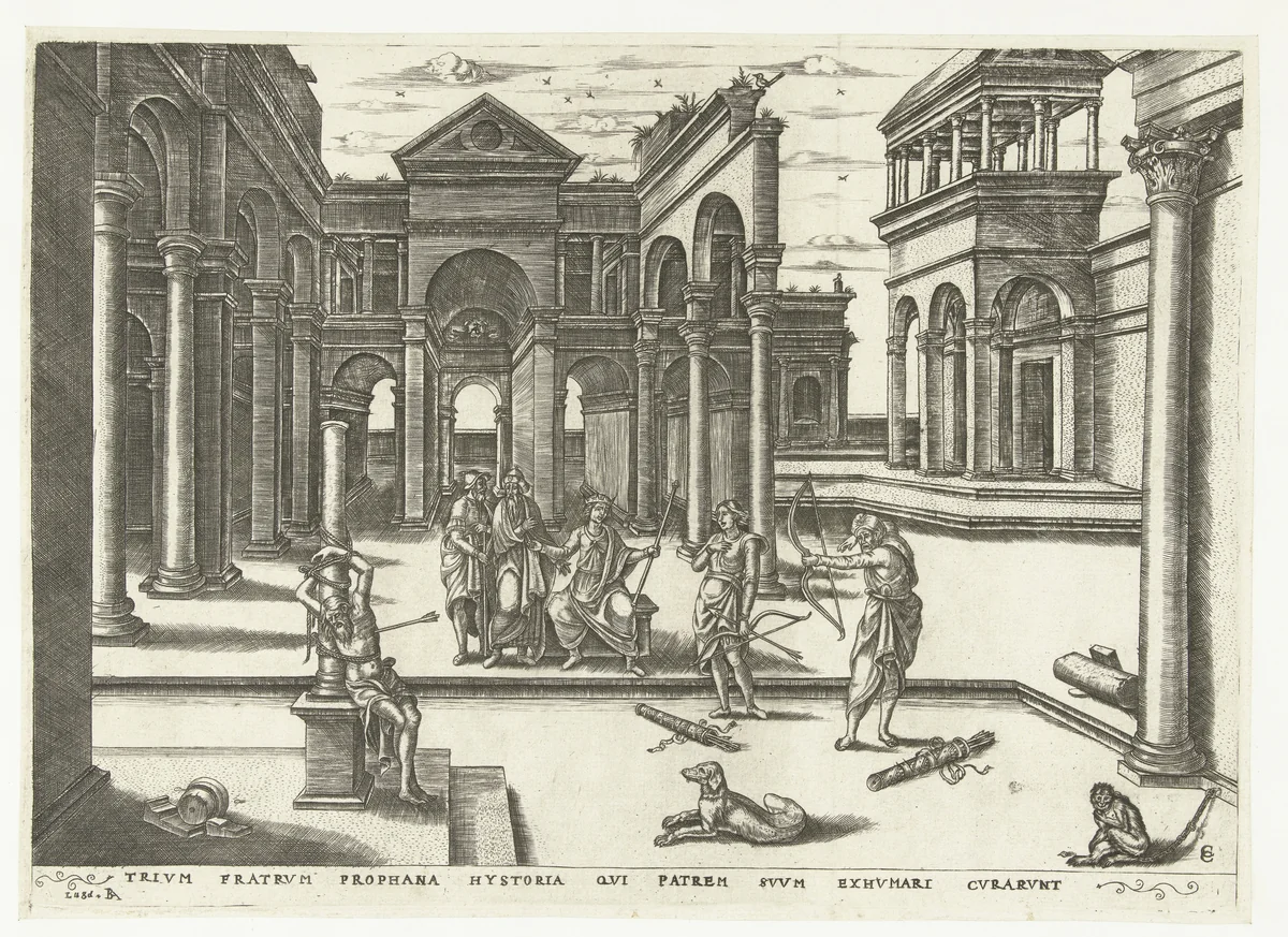 Koningszonen schieten op het lichaam van hun vader by Unknown, print, 1536-1557