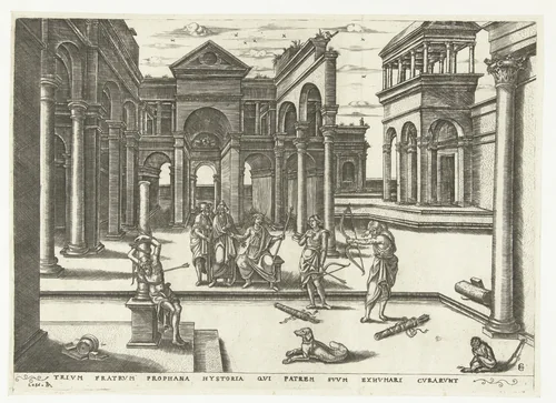 Koningszonen schieten op het lichaam van hun vader by Unknown, print, 1536-1557