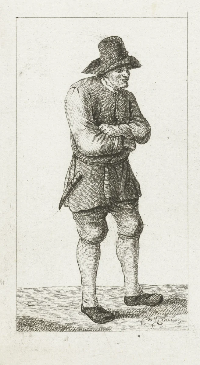 Staande man met armen over elkaar by Pieter de Mare, print, 1779