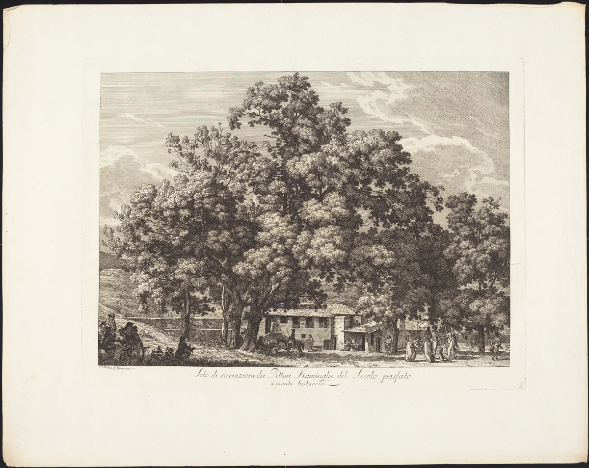 Sito di ricreazione dei Pittori Fiaminchi del Secolo passato a Monte Testaccio by Jacob Wilhelm Mechau, portfolio, 1745-1808