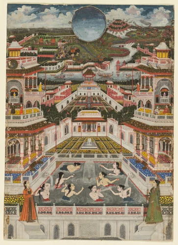 Women bathing before an architectural panorama by Fayzullah, painting, 1760-1770