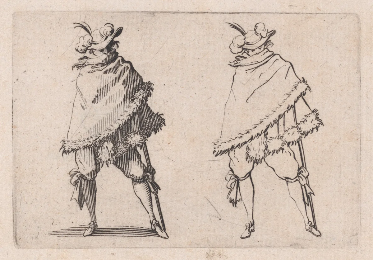 L'Homme Enroulé dans son Manteau (Man Wrapped in his Mantle), from "Les Caprices" Series B, The Nancy Set by Jacques Callot, print, 1617-1620