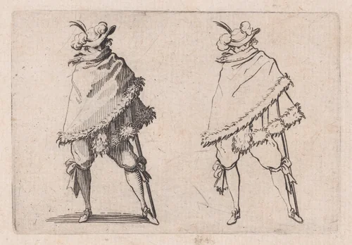 L'Homme Enroulé dans son Manteau (Man Wrapped in his Mantle), from "Les Caprices" Series B, The Nancy Set by Jacques Callot, print, 1617-1620