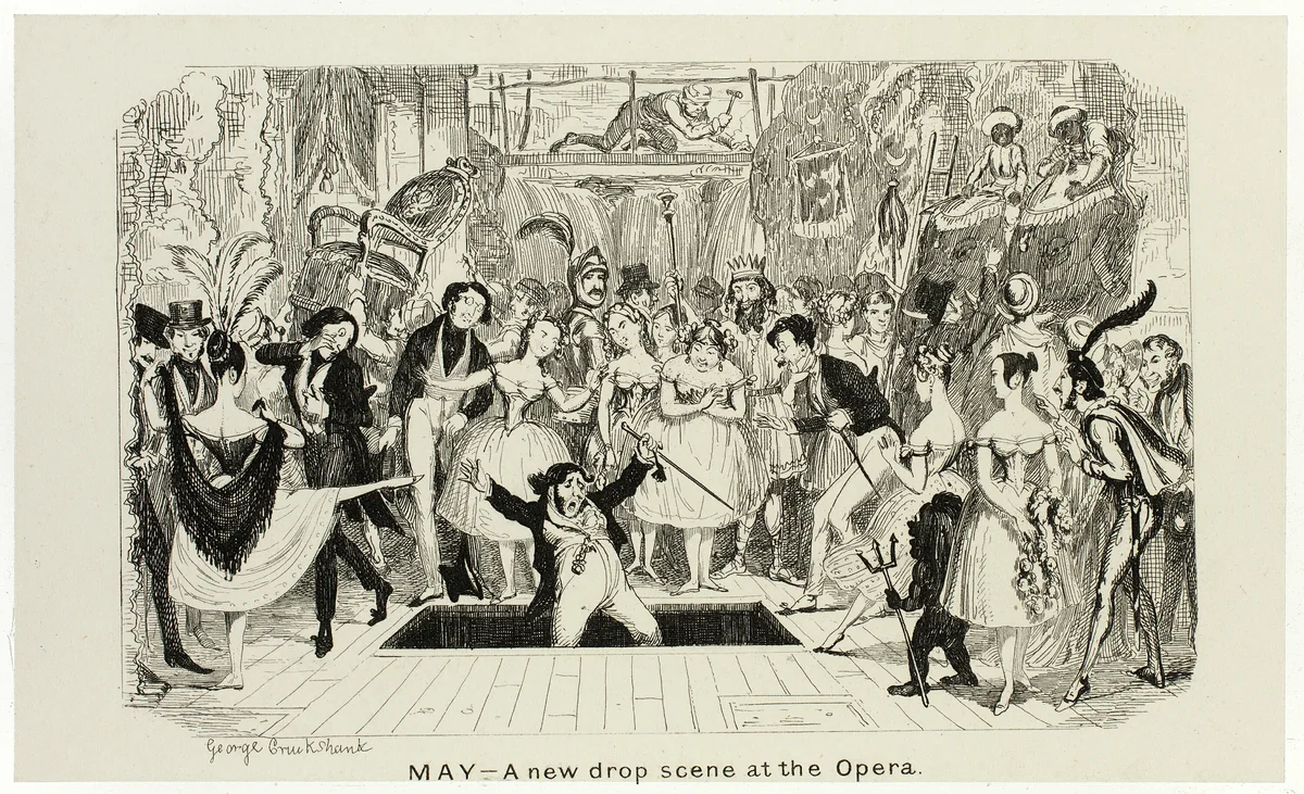May - A New Drop Scene at the Opera from George Cruikshank's Steel Etchings to The Comic Almanacks: 1835-1853 by George Cruikshank, print, 1840