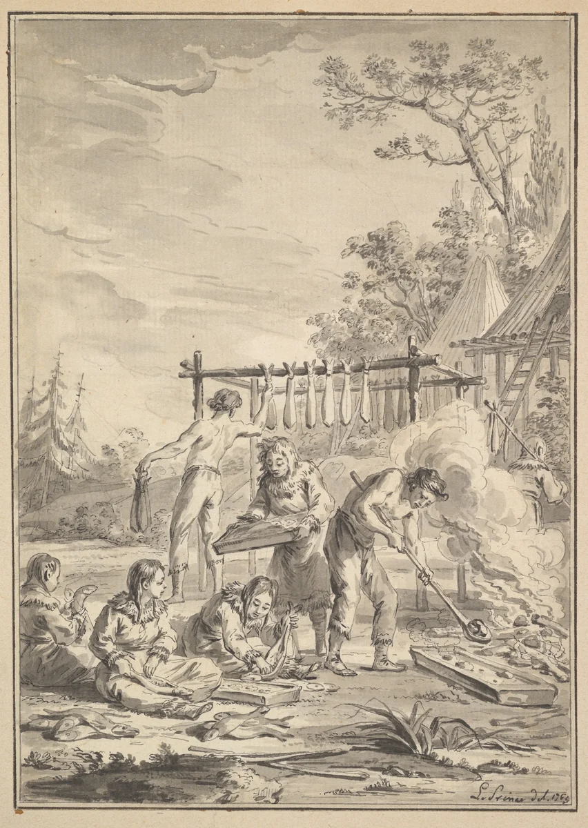 Itelmen Preparing Fish to be Dried by Jean Baptiste Le Prince, drawing, 1769