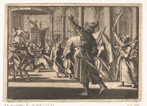 Katholieke Polakken tijdens een begrafenis in de Riddarholmskerk te Stockholm, 1593 by Jan Luyken, print, 1698