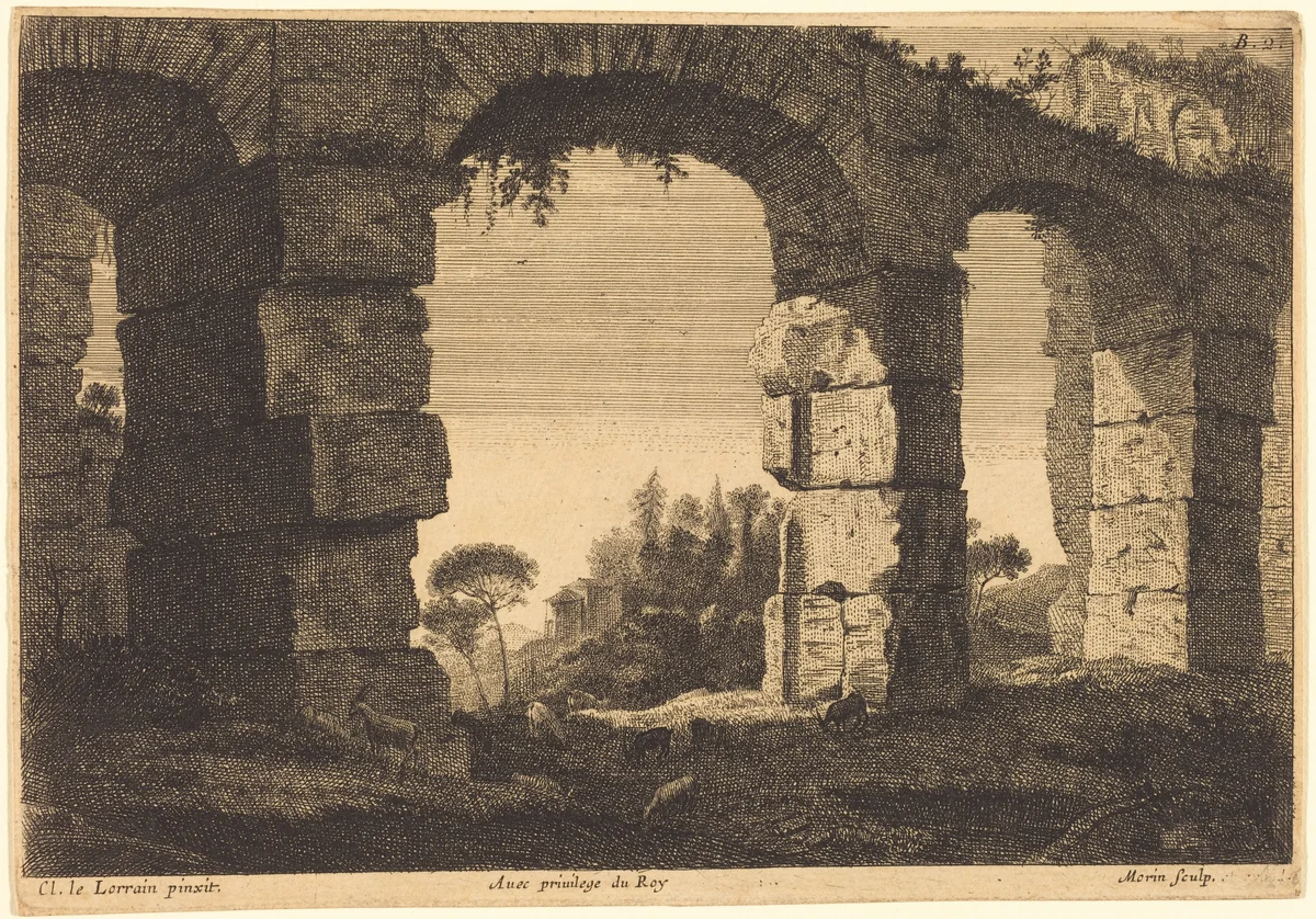 Ruins of an Aqueduct by Jean Morin; Claude Lorrain, print, 1600-1650