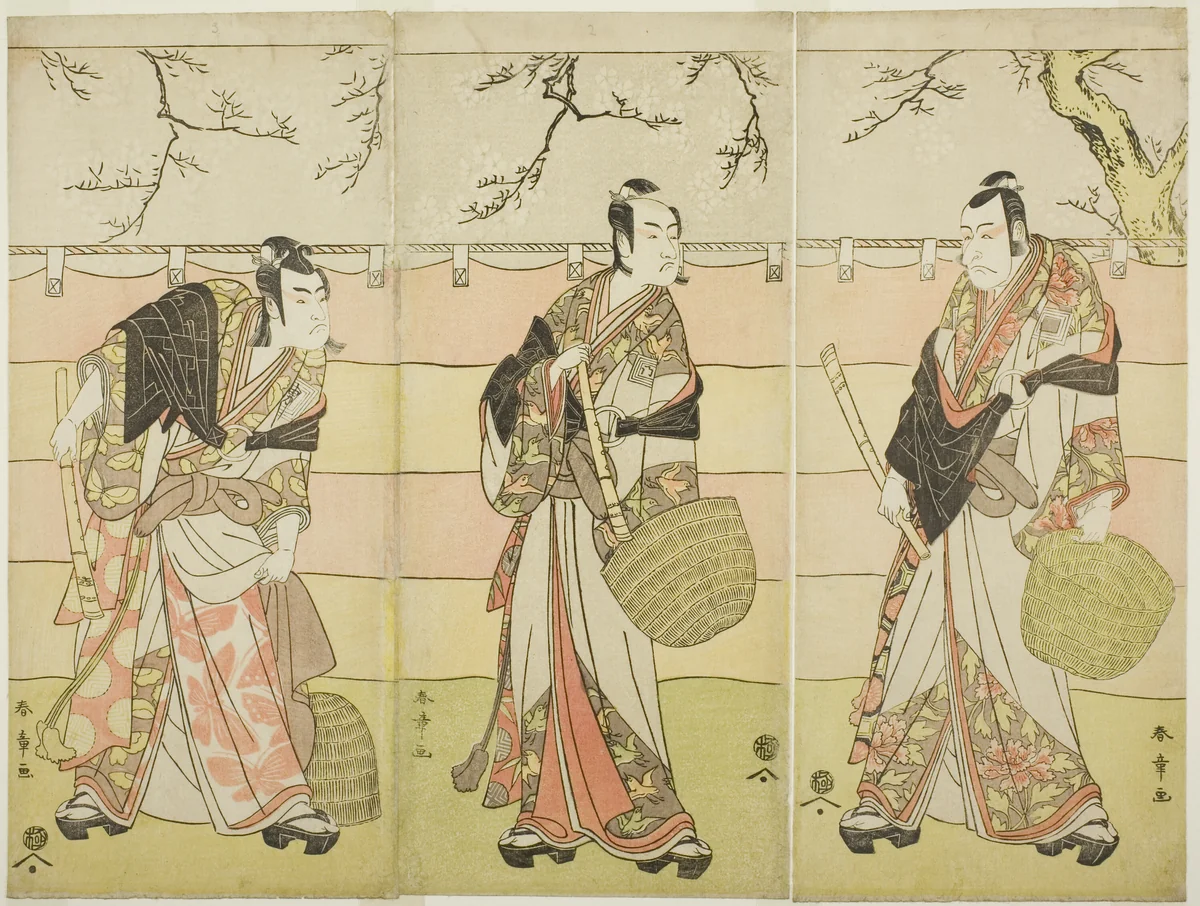 Three Komuso Monks: The Actors Ichikawa Ebizo (Danjuro V) as Kudo Suketsune (right), Ichikawa Monnosuke II as Soga no Juro Sukenari (center), and Ichikawa Omezo I as Soga no Goro Tokimune (left), in Act Six of the Play Waka Murasaki Edokko Soga (Pale Purple Soga, Edo Style), Performed at the Ichimura Theater from the Twenty-third Day of the First Month, 1792 by Katsukawa Shunsho (勝川 春章), print, 1787-1797