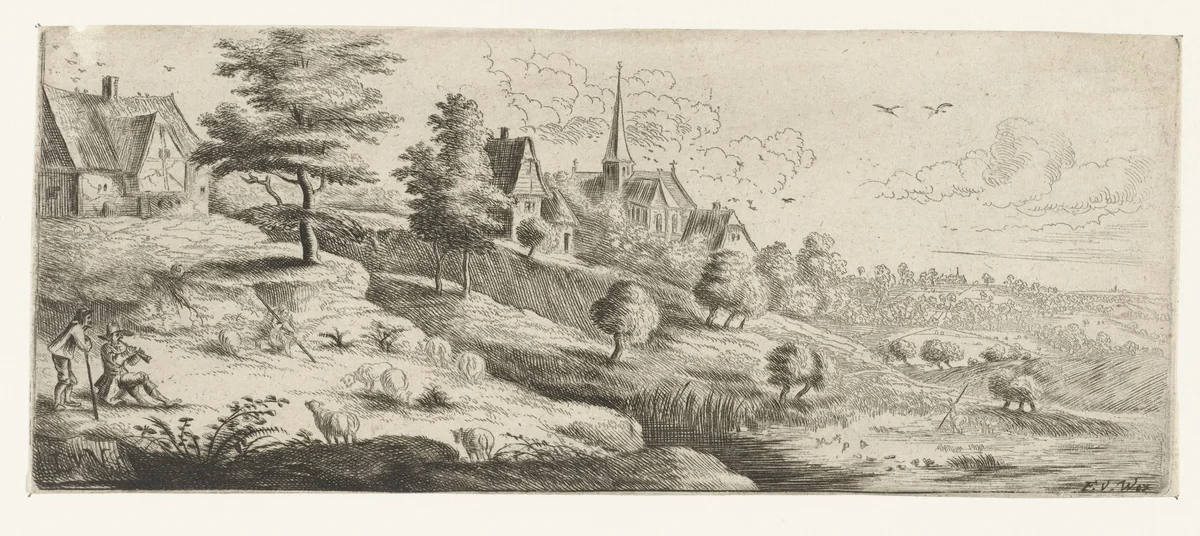 Landschap met een dorp en een schalmei spelende man by Lucas van Uden, print, 1605-1673