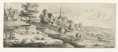Landschap met een dorp en een schalmei spelende man by Lucas van Uden, print, 1605-1673