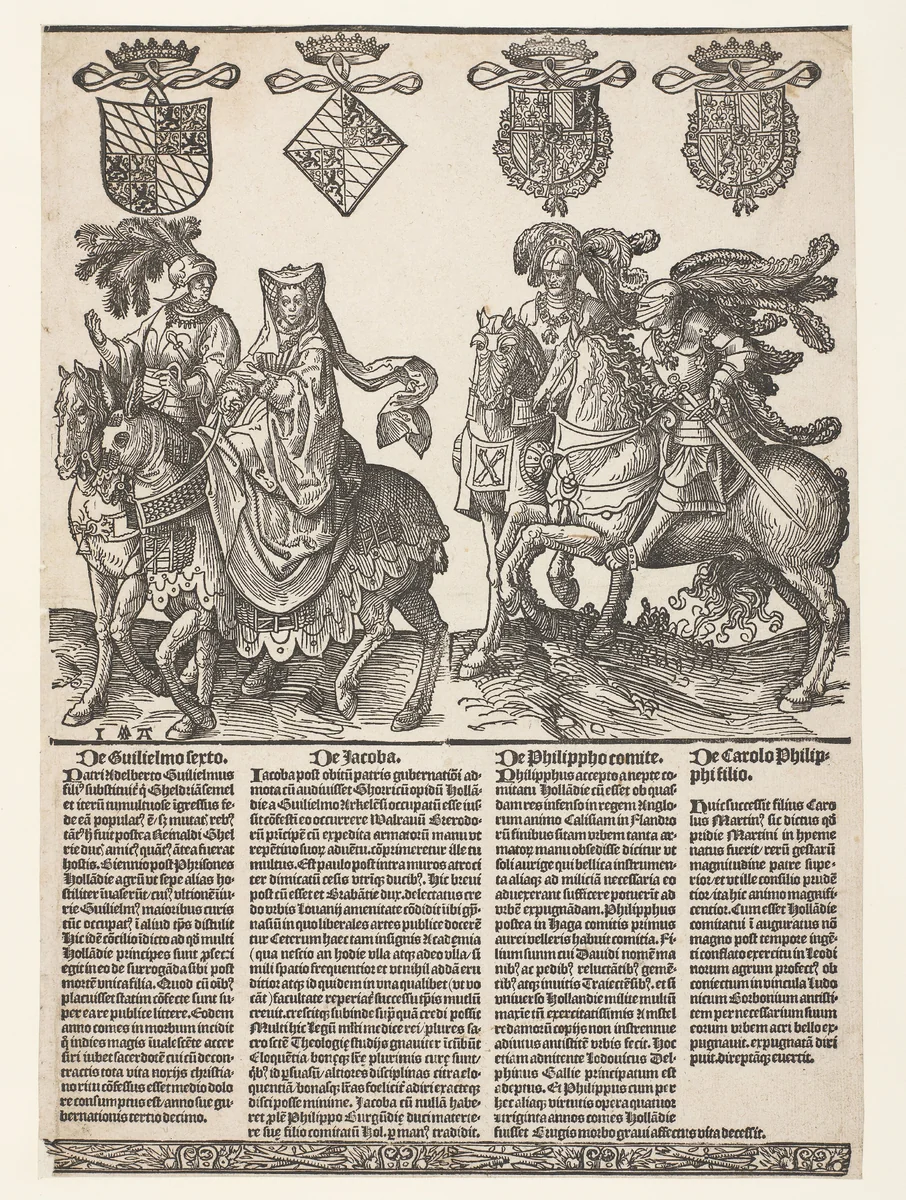 Willem VI, Jacoba van Beieren, Filips de Goede en Karel de Stoute by Unknown, print, 1518