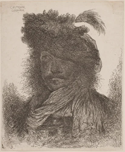 Bearded Man with Shadowed Face, Wearing a Scarf and a Plumed Hat by Giovanni Benedetto Castiglione, print, 1645-1650