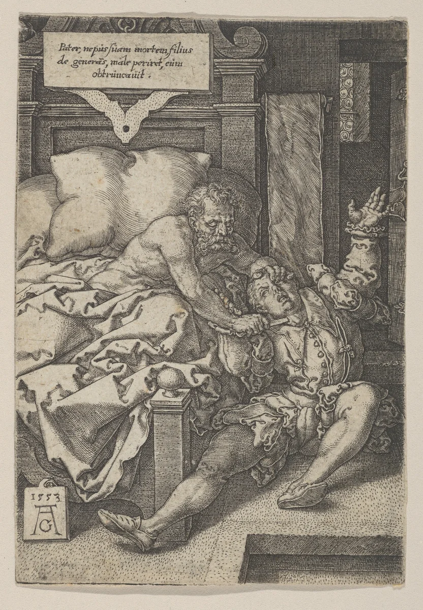 Judge Herkinbald (Archambauld) Stabbing his Nephew by Heinrich Aldegrever, print, 1553