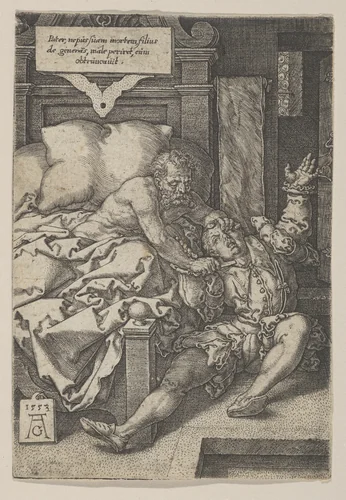 Judge Herkinbald (Archambauld) Stabbing his Nephew by Heinrich Aldegrever, print, 1553