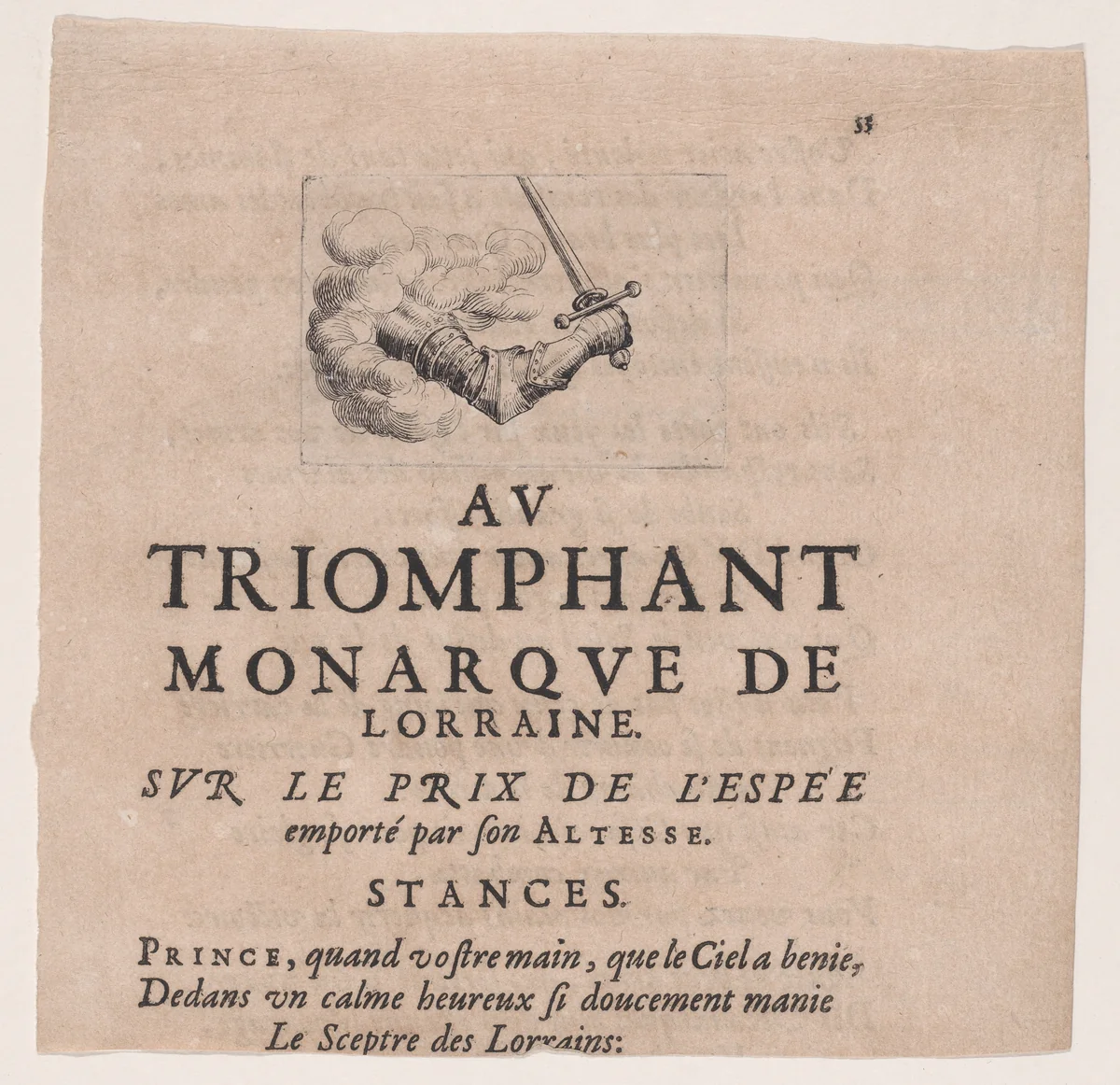 Arm Emerging from a Cloud Holding a Sword, from "Le Combat a la Barrière" by Jacques Callot, print, 1627